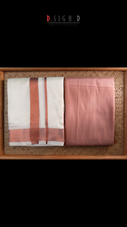 White semi silk dhoti with copper zari and unstitched Shirt