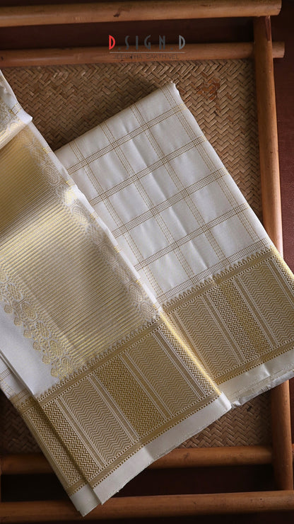 Handwoven white Pure Silk Dhoti with Angavastram - Checks