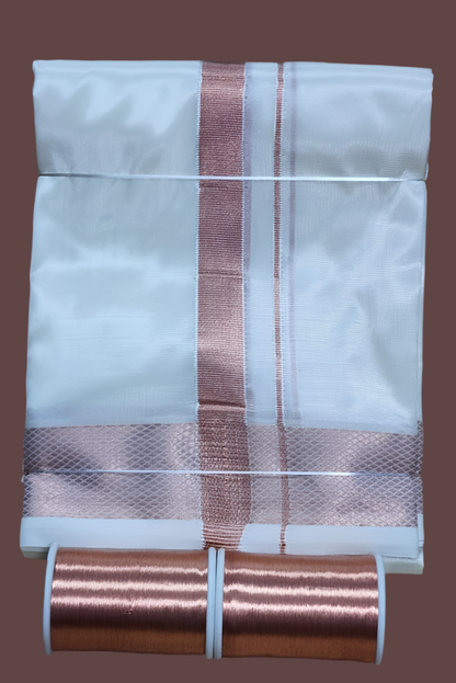 White semi silk dhoti with copper zari and unstitched Shirt