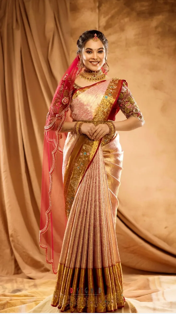 Salmon Bridal Kancheevaram Saree