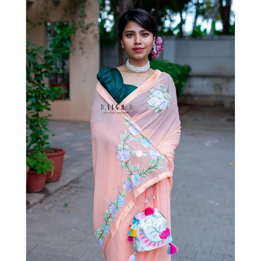 Floral Painted Peach Georgette Saree