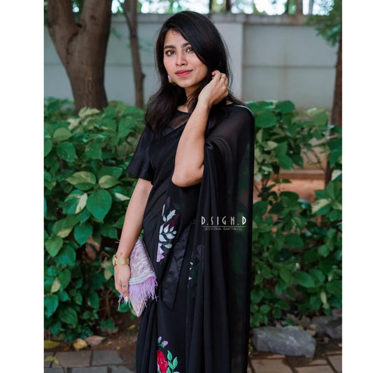 Black Georgette Hand Painted Saree