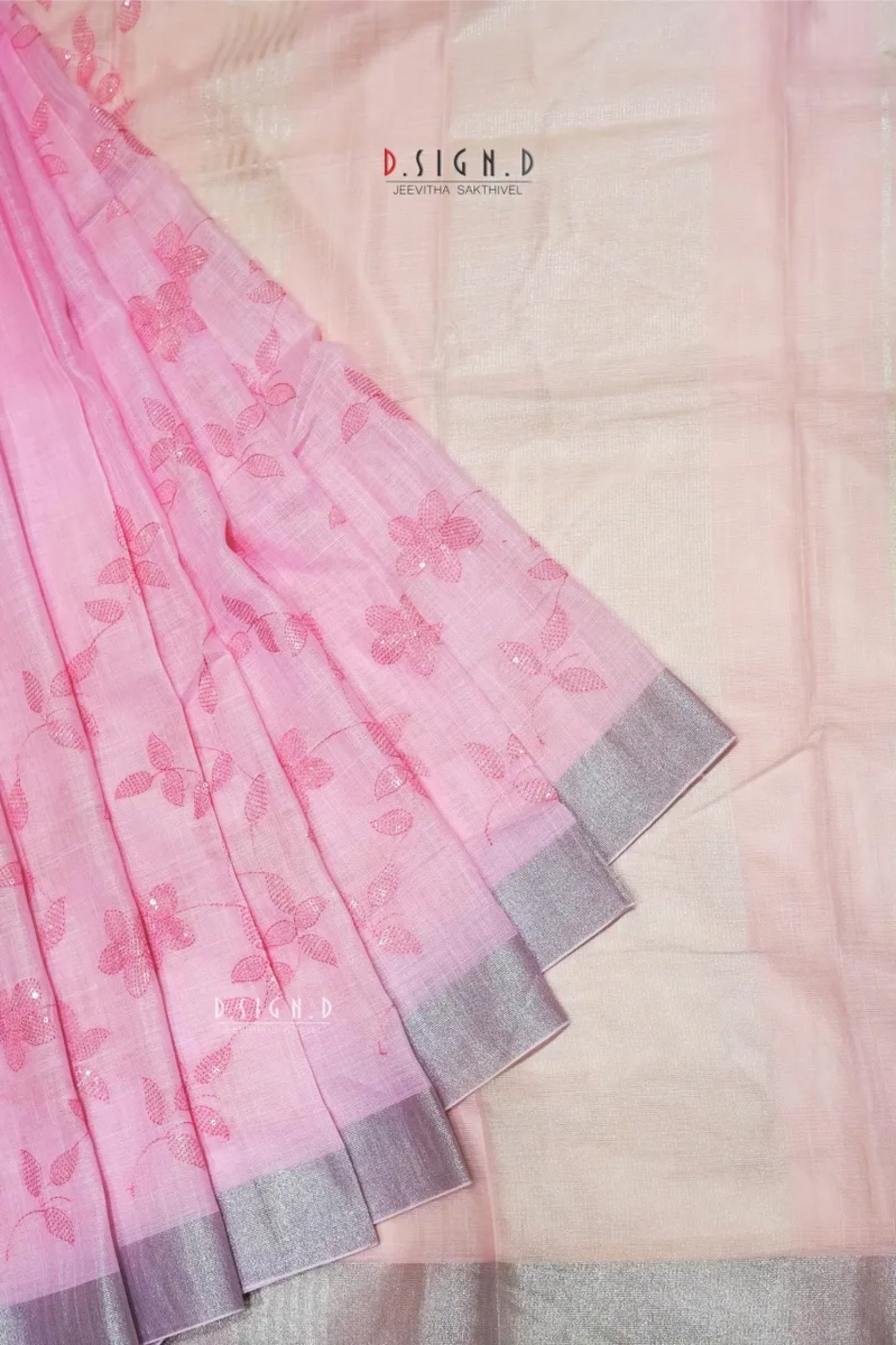 PASTEL PINK SEQUIN FLORAL LINEN COTTON SAREE