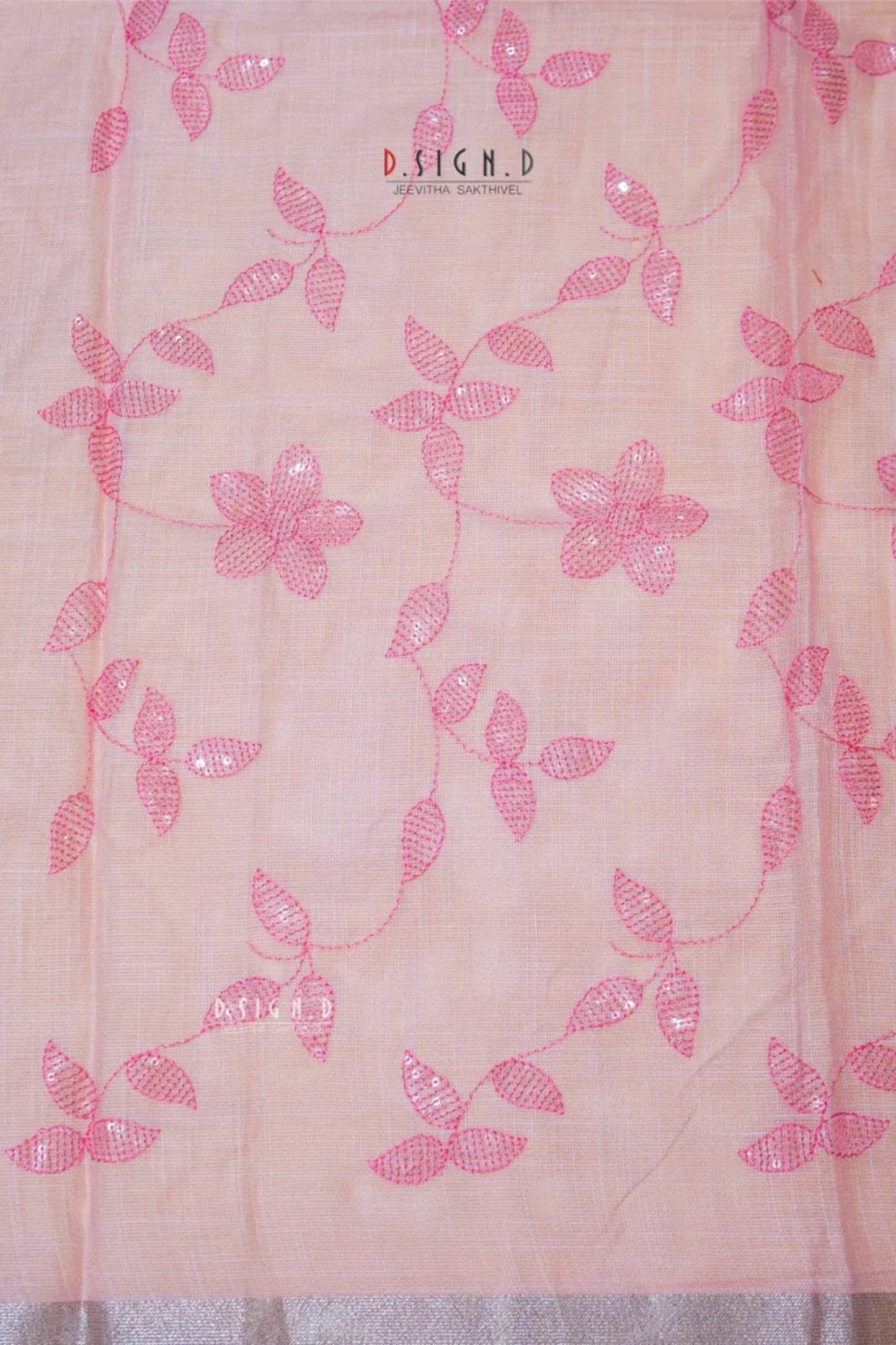 PASTEL PINK SEQUIN FLORAL LINEN COTTON SAREE