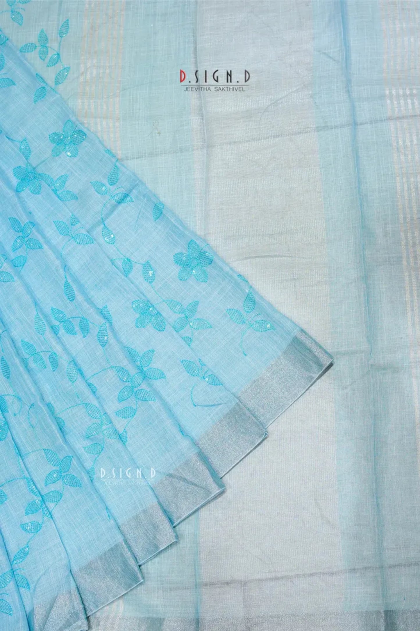 ICE BLUE SEQUIN FLORAL LINEN COTON SAREE