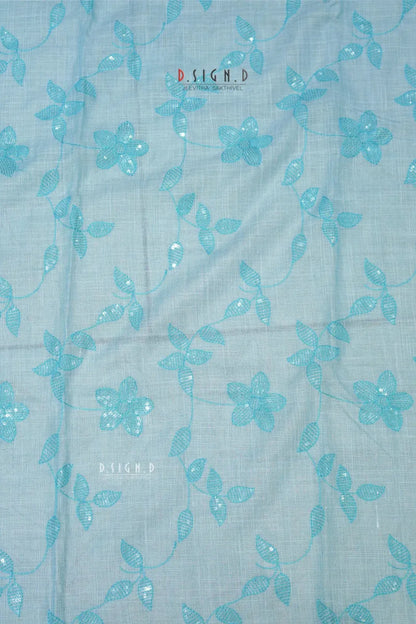 ICE BLUE SEQUIN FLORAL LINEN COTON SAREE