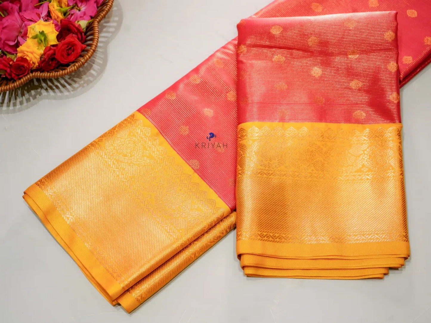 CORAL RED VAIRA OOSI SAREE