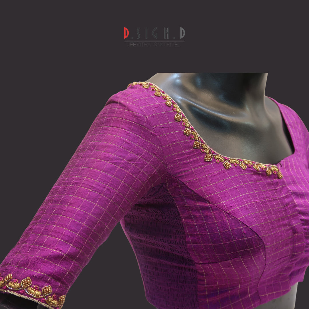 Purple Checked Raw Silk SIze-flex Blouse