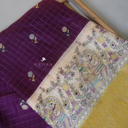 DOLA SILK SAREE WITH KALAMKARI PRINTS - Black Jamun