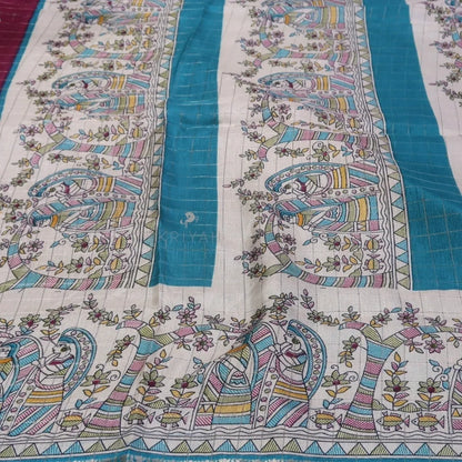 DOLA SILK SAREE WITH KALAMKARI PRINTS - Maroon/Blue