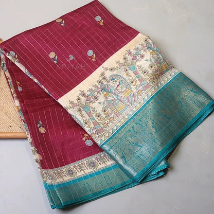 DOLA SILK SAREE WITH KALAMKARI PRINTS - Maroon/Blue