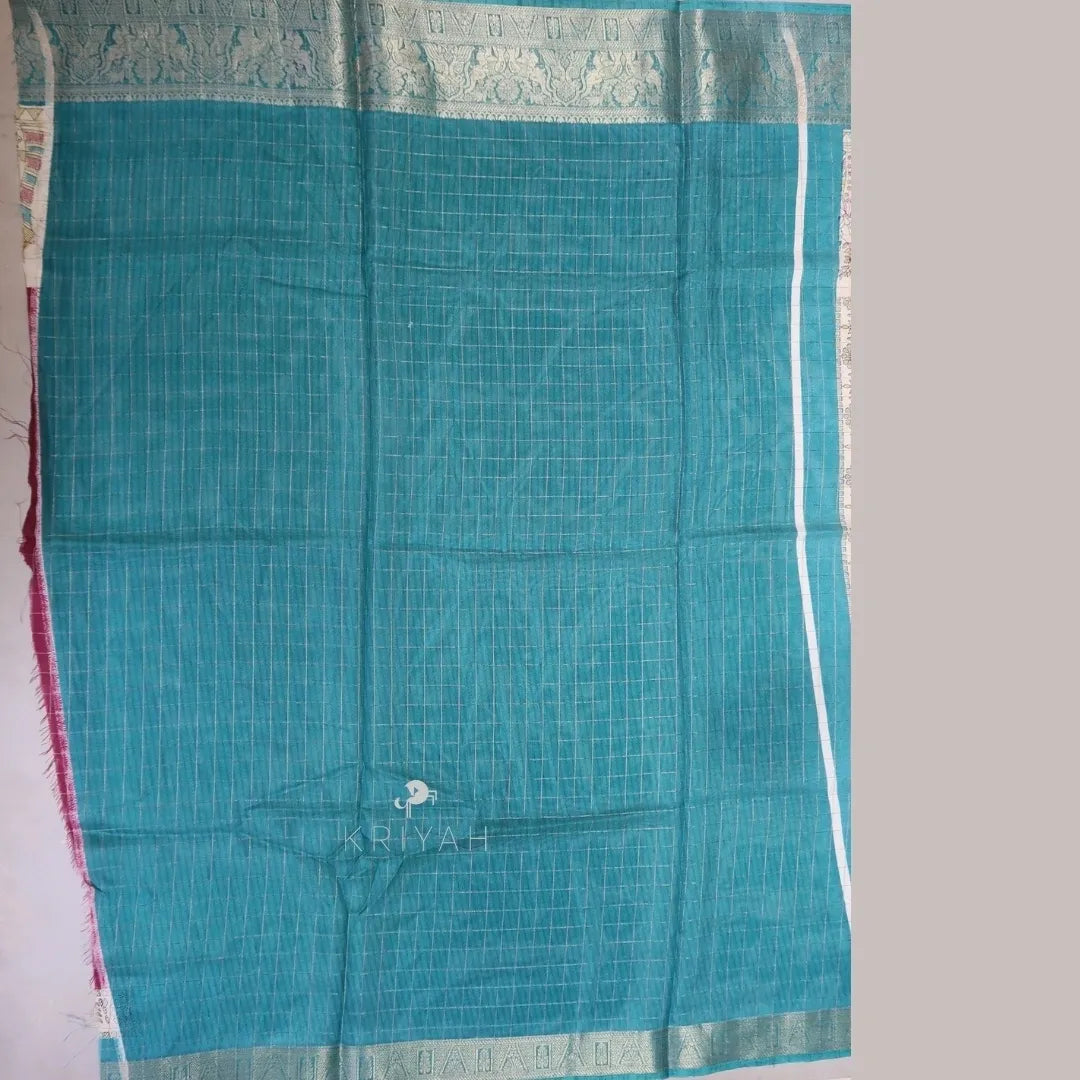 DOLA SILK SAREE WITH KALAMKARI PRINTS - Maroon/Blue