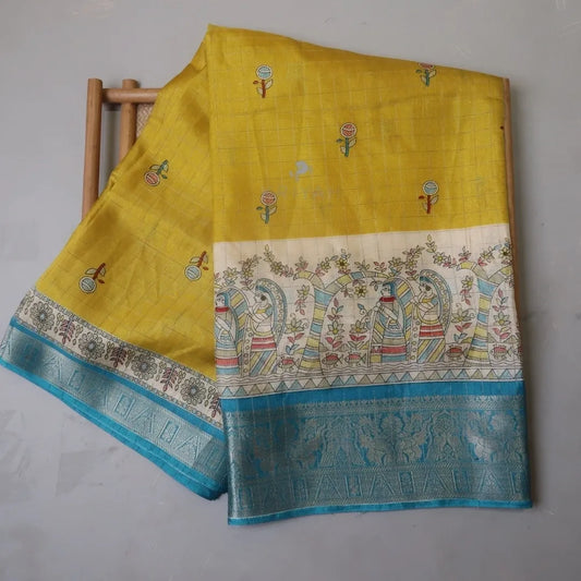 DOLA SILK SAREE WITH KALAMKARI PRINTS - Yellow