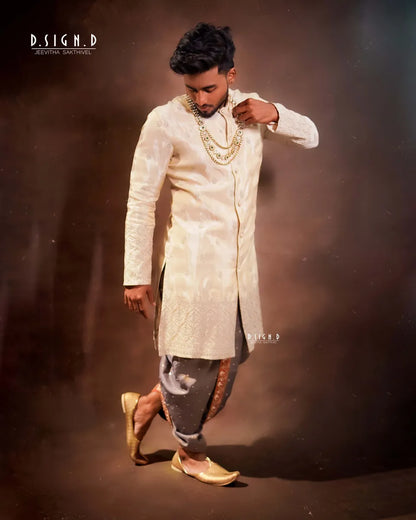 Ivory Embroidery kurta with embellished dhoti set