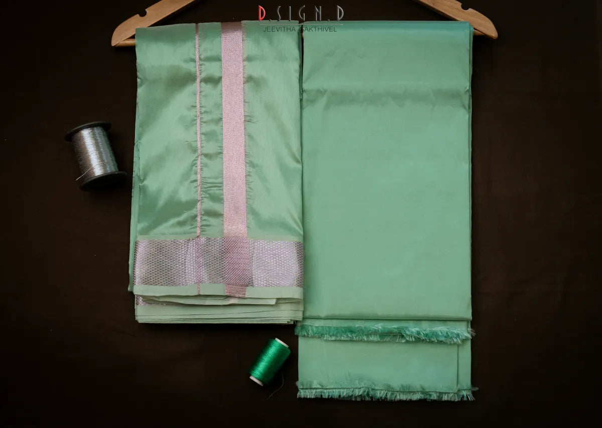 Sea Foam Green Semi silk dhoti & Shirt ( unstitched)