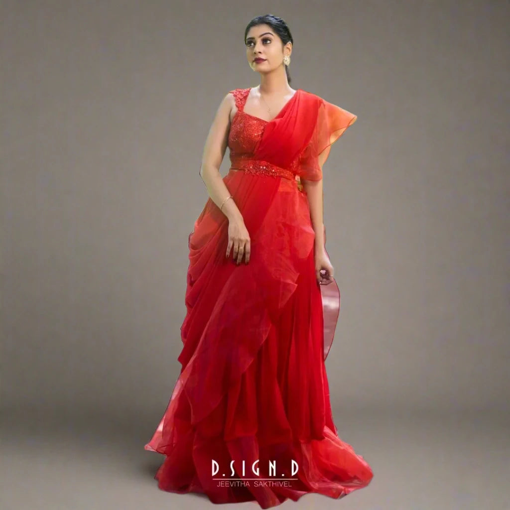 Red Ruffle Saree gown