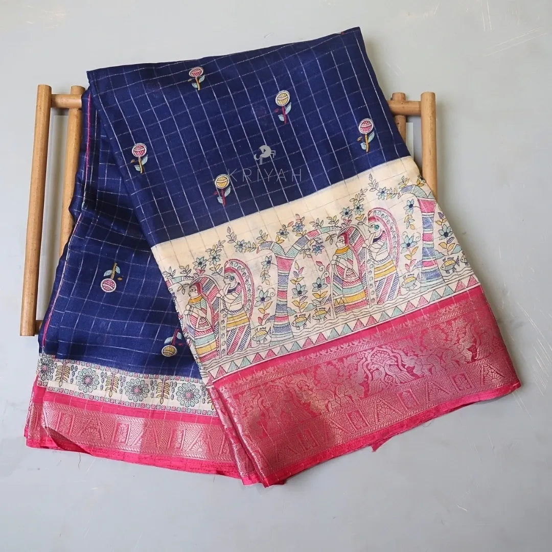 DOLA SILK SAREE WITH KALAMKARI PRINTS - Navy Blue