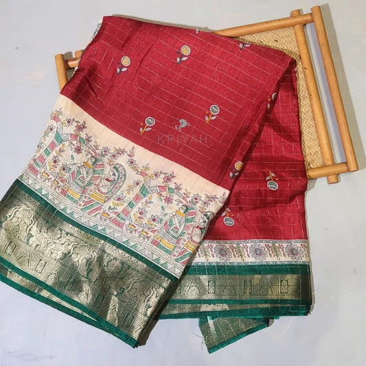 DOLA SILK SAREE WITH KALAMKARI PRINTS - RED