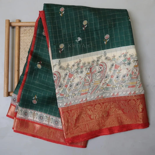 DOLA SILK SAREE WITH KALAMKARI PRINTS - Green