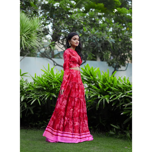 Red printed lehenga